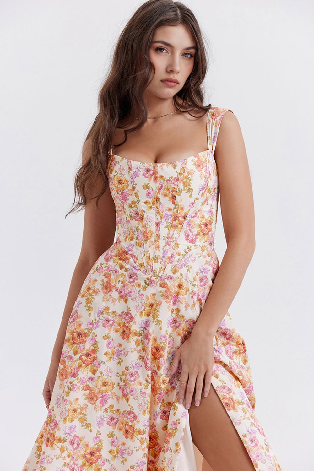 Romantisches Blumen-Midikleid mit Korsett-Design Romantisches Blumen-Midikleid mit Korsett-Design Rosa Chic