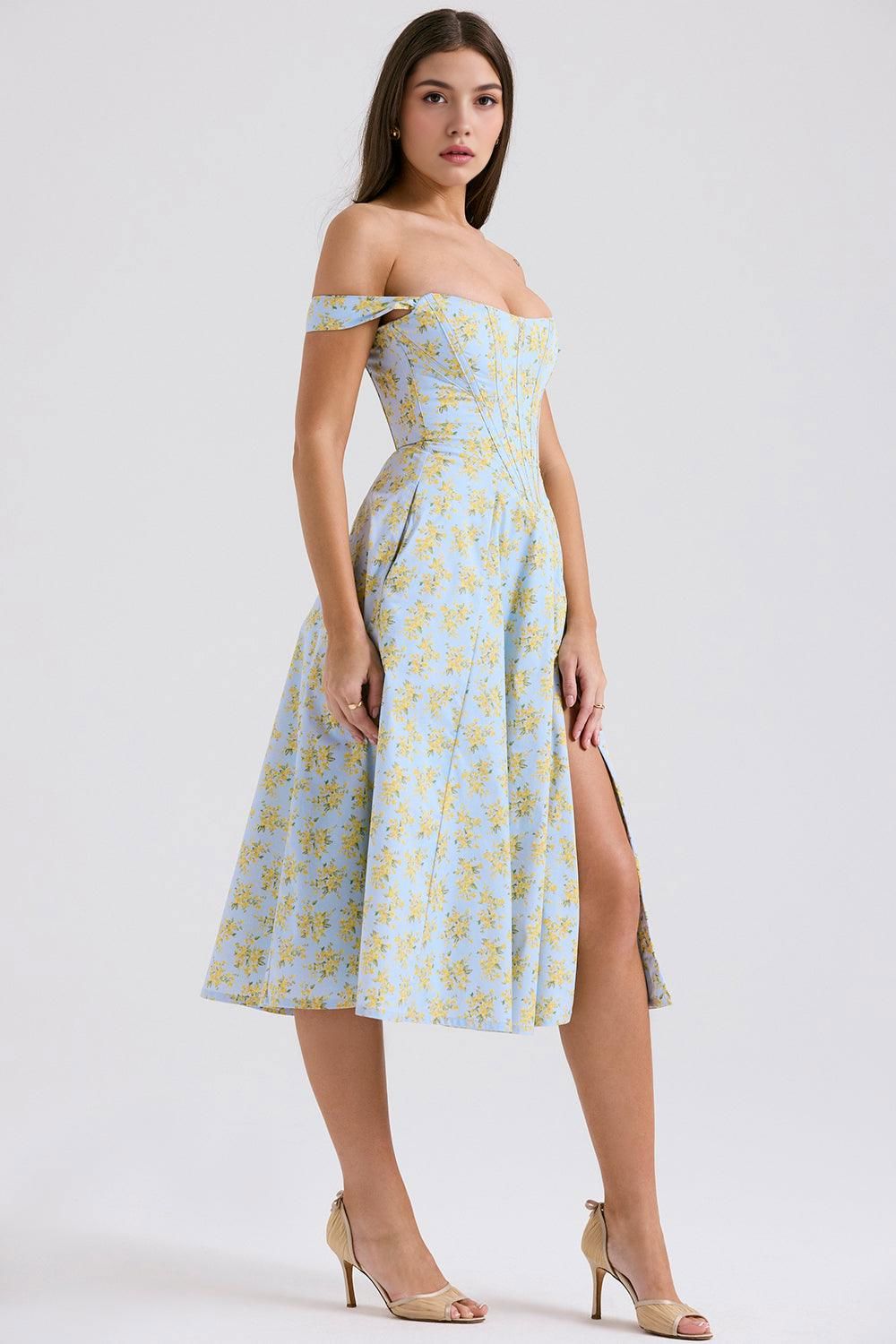 Romantisches Blumen-Midikleid mit Korsett-Design Romantisches Blumen-Midikleid mit Korsett-Design Rosa Chic