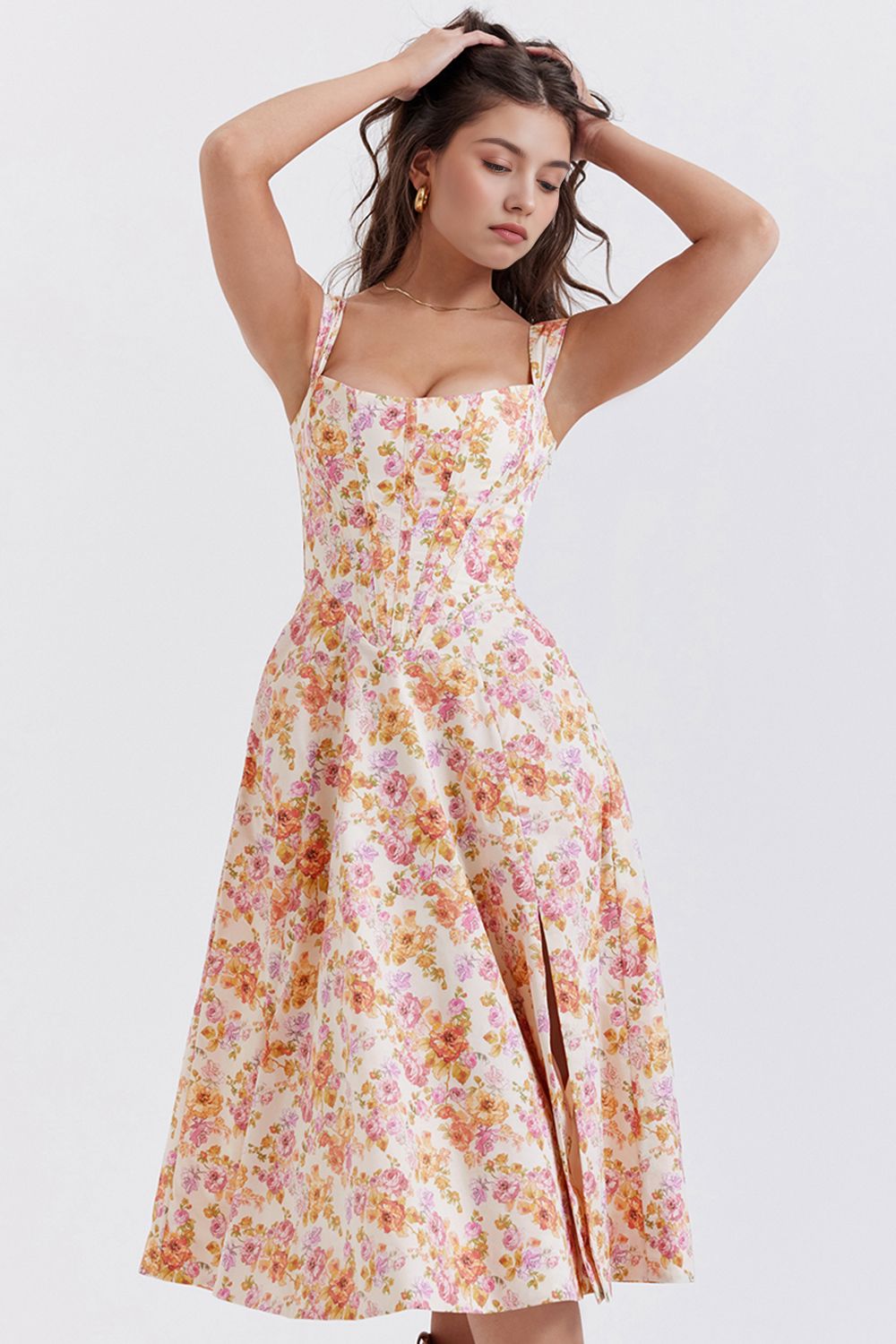 Romantisches Blumen-Midikleid mit Korsett-Design Romantisches Blumen-Midikleid mit Korsett-Design Rosa Chic