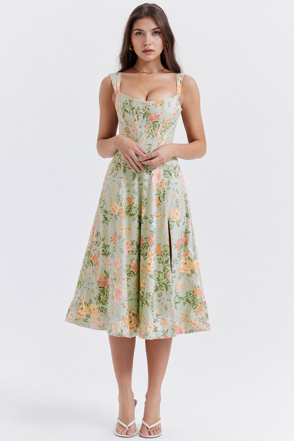 Romantisches Blumen-Midikleid mit Korsett-Design Romantisches Blumen-Midikleid mit Korsett-Design Rosa Chic