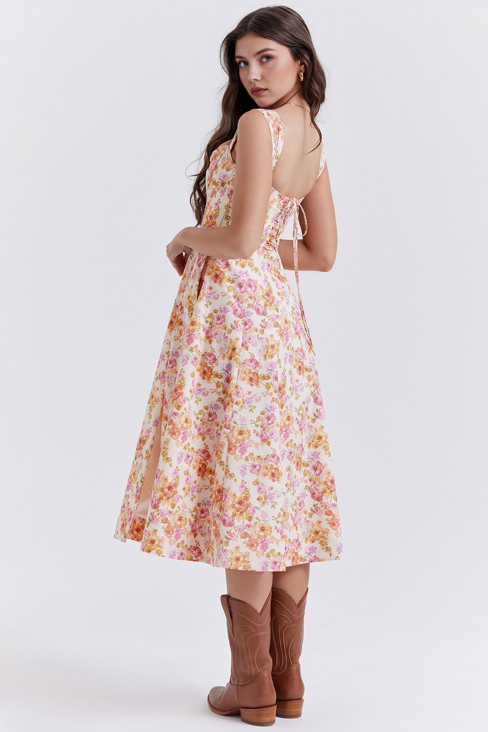 Romantisches Blumen-Midikleid mit Korsett-Design Romantisches Blumen-Midikleid mit Korsett-Design Rosa Chic