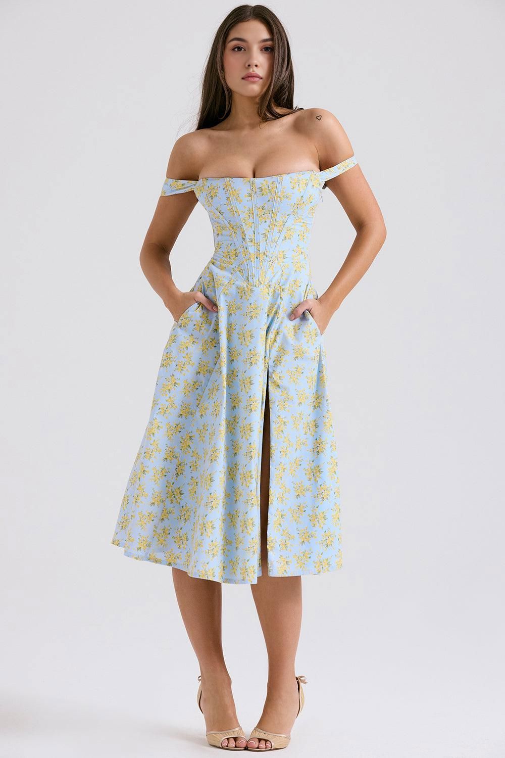Romantisches Blumen-Midikleid mit Korsett-Design Romantisches Blumen-Midikleid mit Korsett-Design Rosa Chic