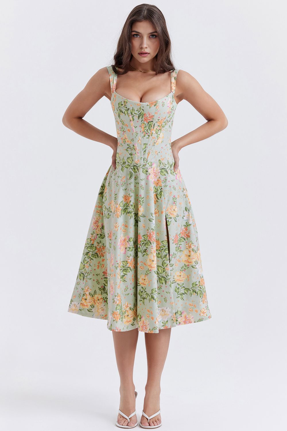 Romantisches Blumen-Midikleid mit Korsett-Design Romantisches Blumen-Midikleid mit Korsett-Design Rosa Chic Grün geblümt S