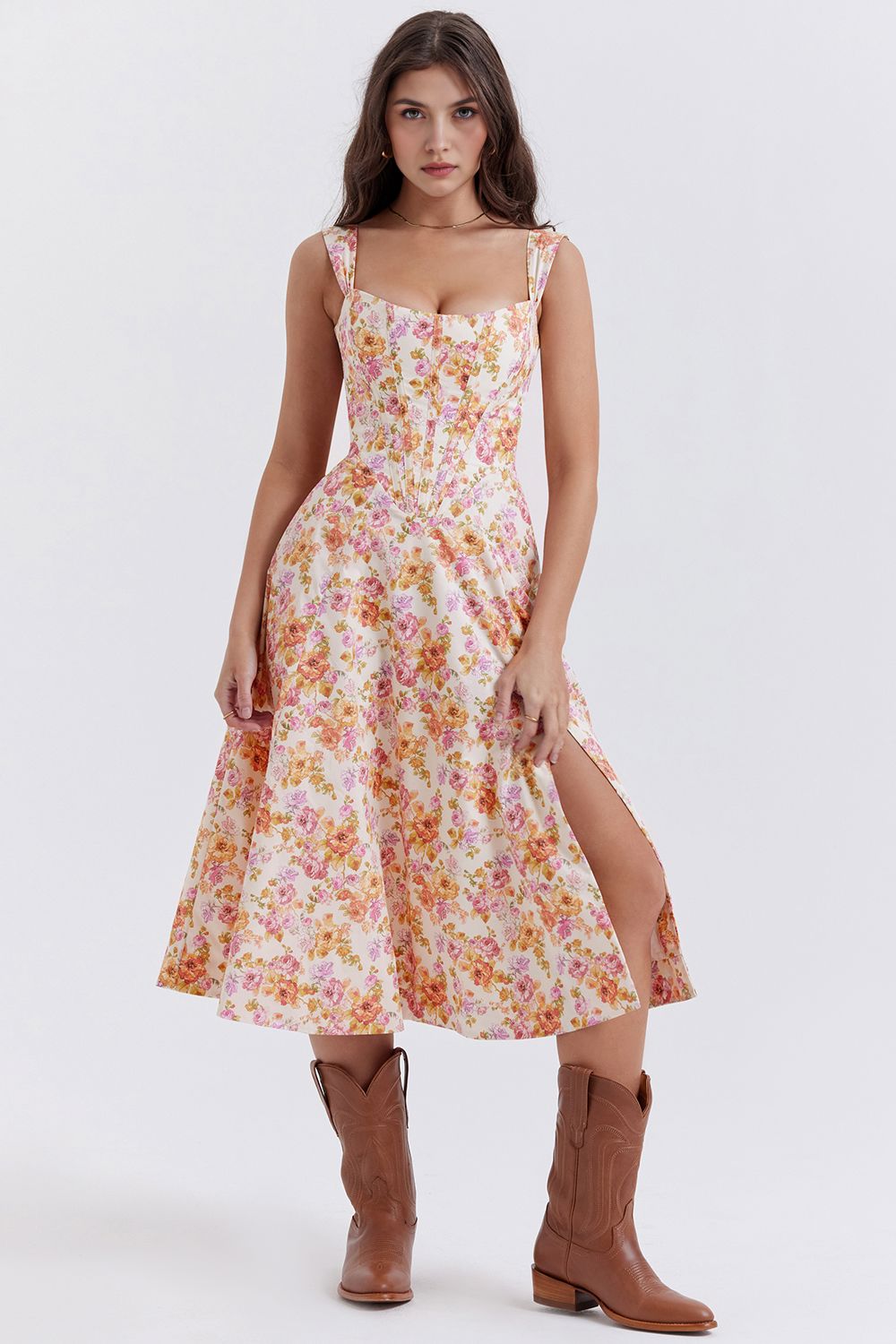 Romantisches Blumen-Midikleid mit Korsett-Design Romantisches Blumen-Midikleid mit Korsett-Design Rosa Chic Rosa geblümt S