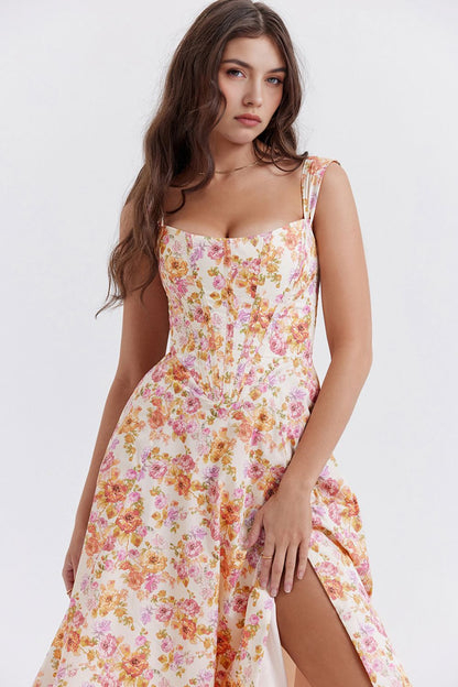 Romantisches Blumen-Midikleid mit Korsett-Design Romantisches Blumen-Midikleid mit Korsett-Design Rosa Chic 