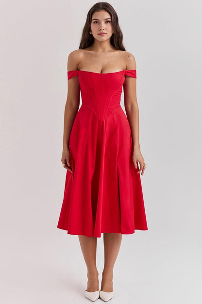 Romantisches Blumen-Midikleid mit Korsett-Design Romantisches Blumen-Midikleid mit Korsett-Design Rosa Chic Rot S 